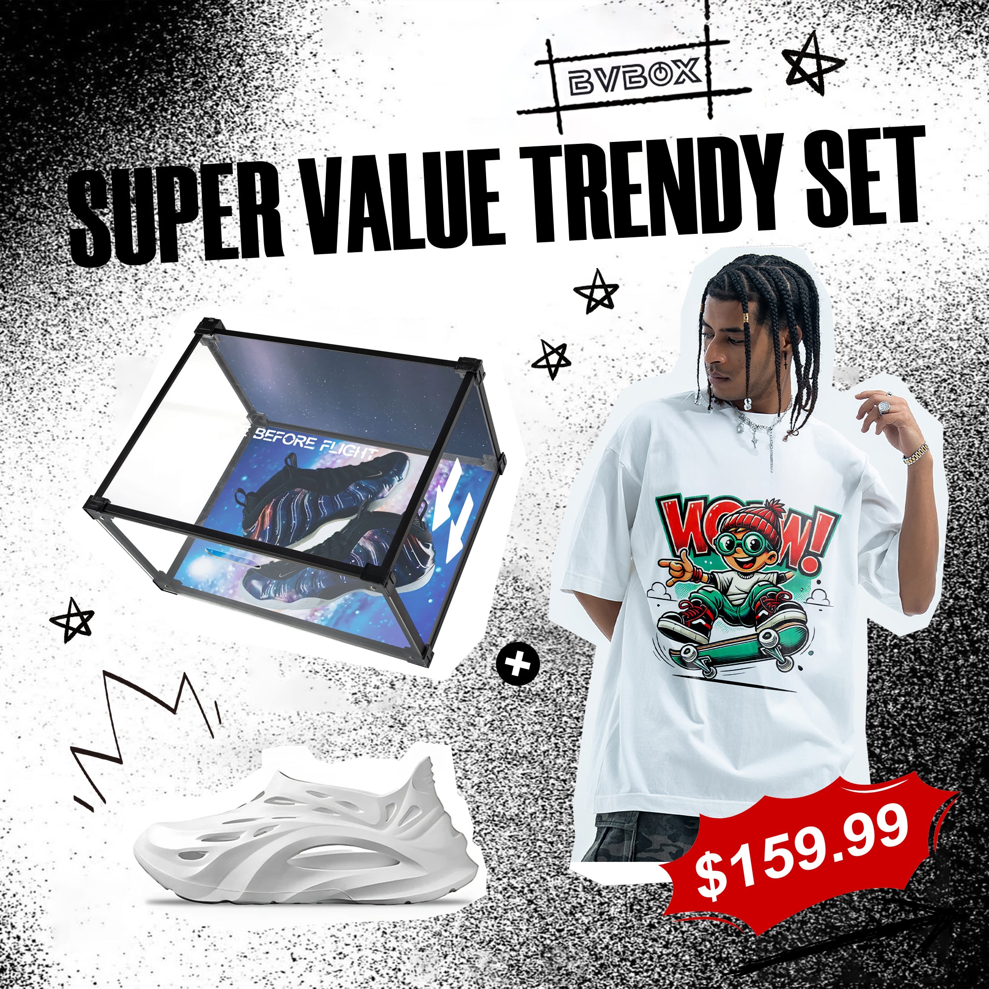 BVBOX Foam Galaxy Shoe Box ×Skate Trendy Tee Fashion Three-Piece Set