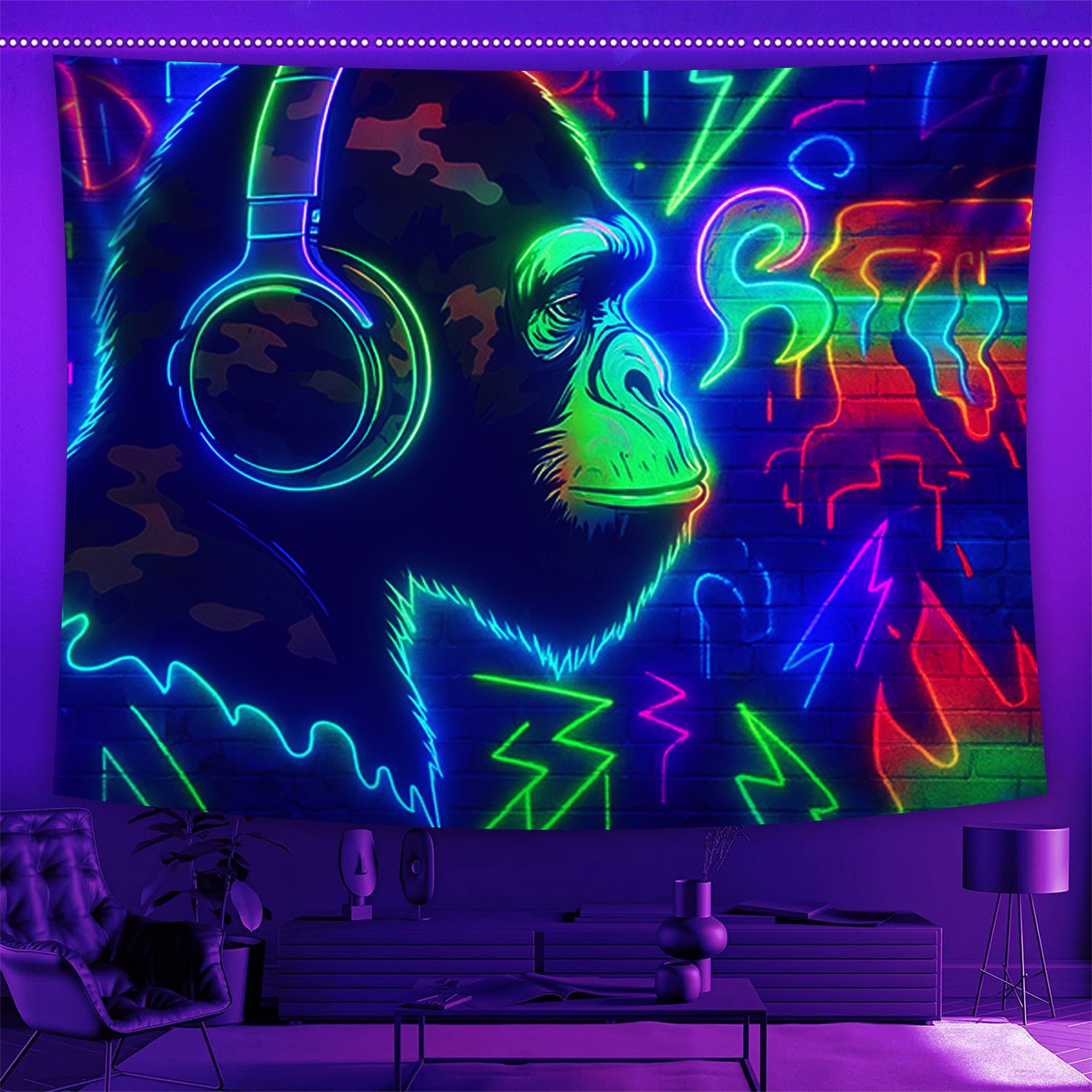 Neon Beats Ape Fluorescent Decorative Bedroom Tapestry